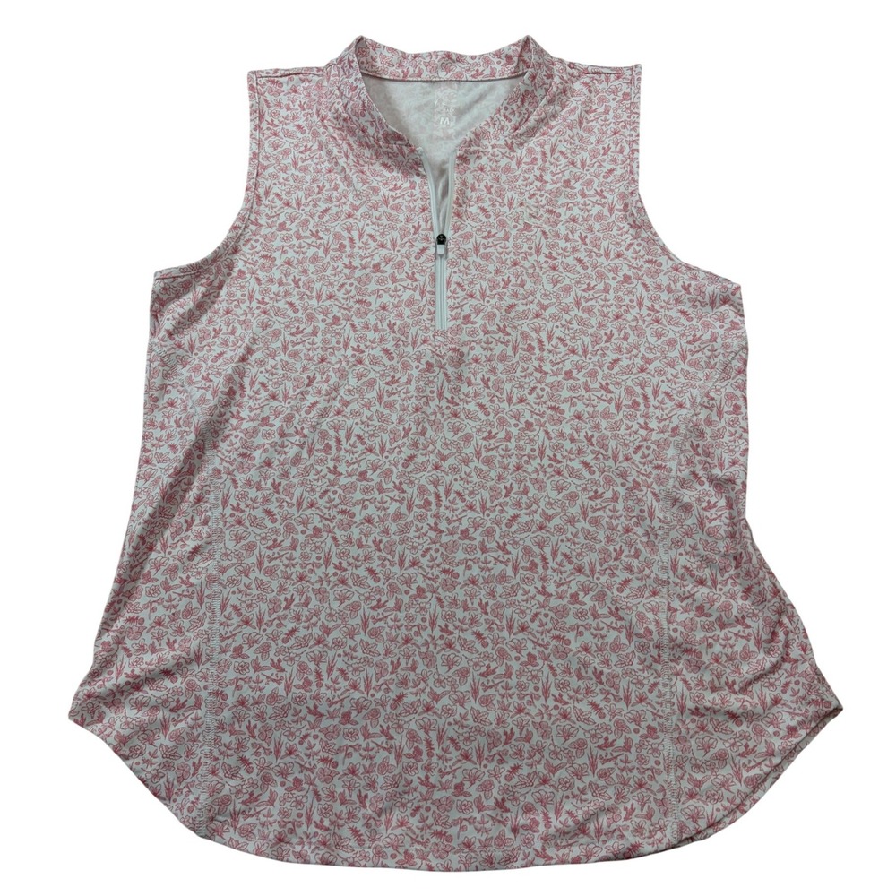 Rhoback Womens Sleeveless Performance Polo Pink White Floral 1/4 Zip Size M